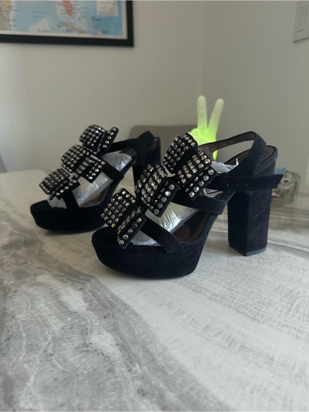 Marni Women’s Black Suede Rhinestone Studded Platform Sandals